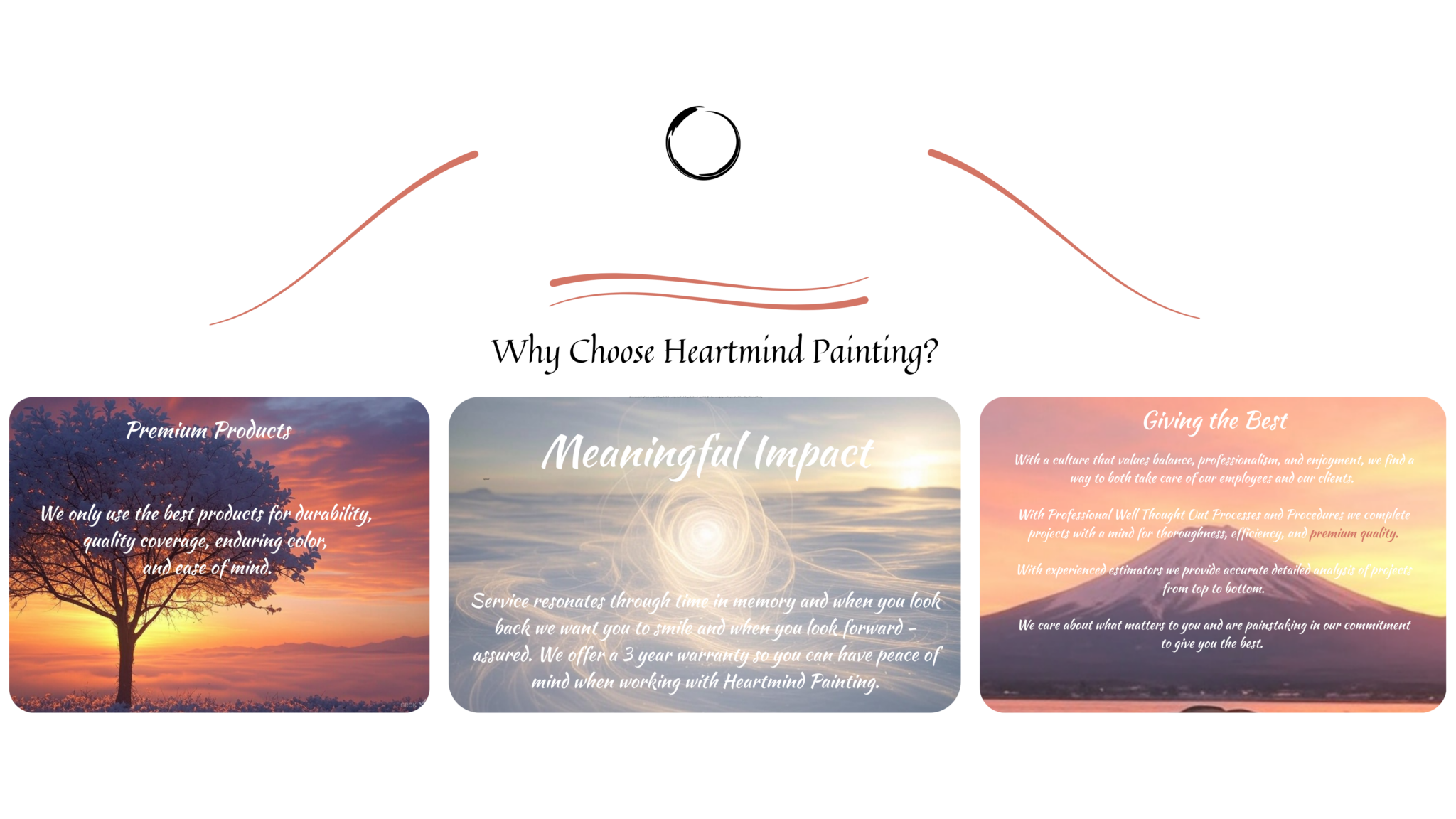 the text above images of mountains and sunset says we only use the best products for durability quality coverage, ensuring color and peace of mind.